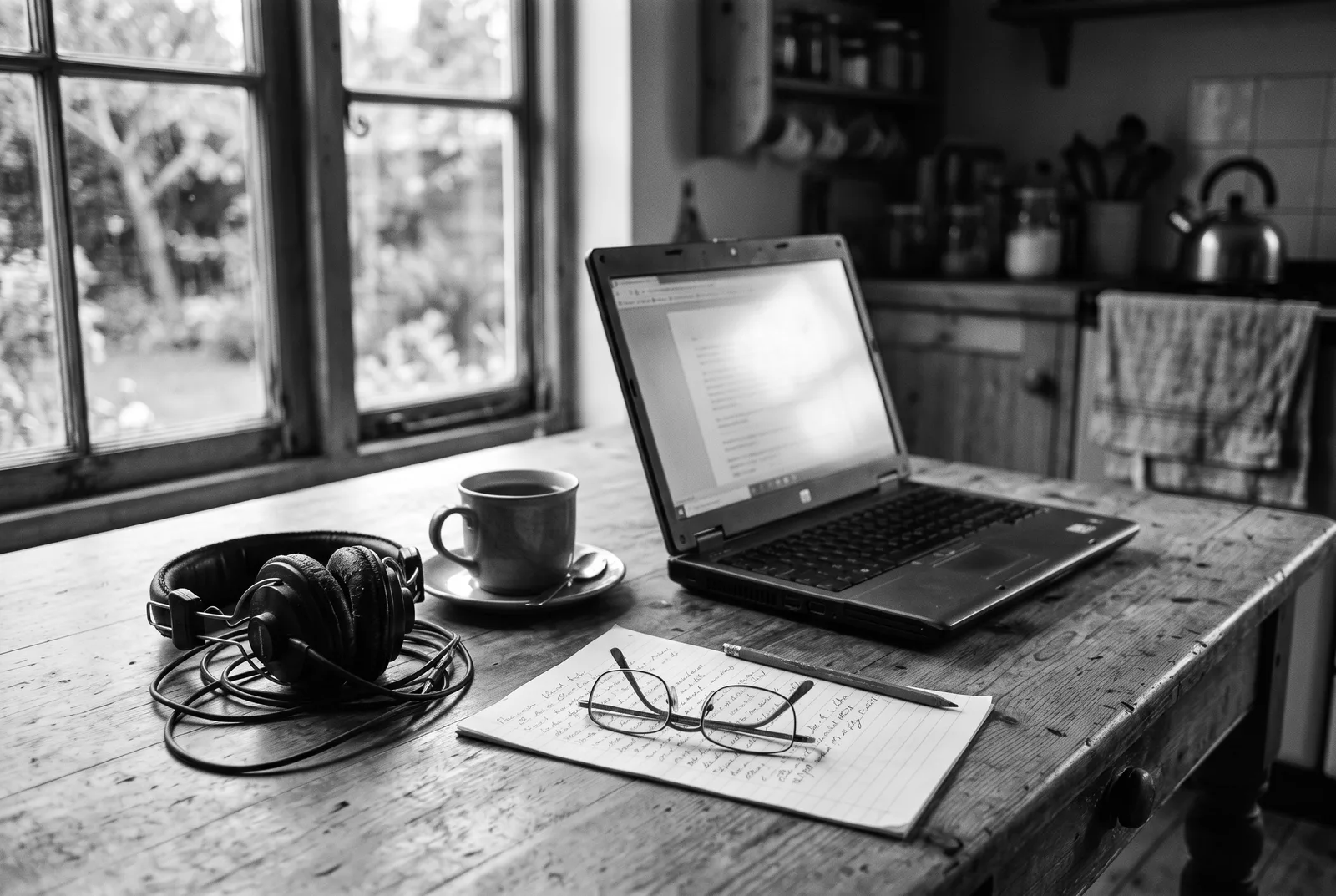 A laptop on a kitchen table with headphones, reading glasses and a cup of tea.