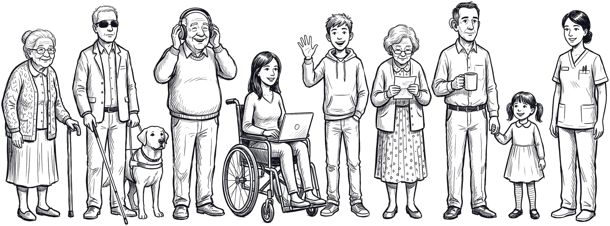 Nine people drawn in ink: an older woman with a cane, a blind man with a guide dog, a grandfather in headphones, a woman in a wheelchair with a laptop, a waving grandson, a woman reading a letter, a man with a hearing aid, a small girl, and a nurse.